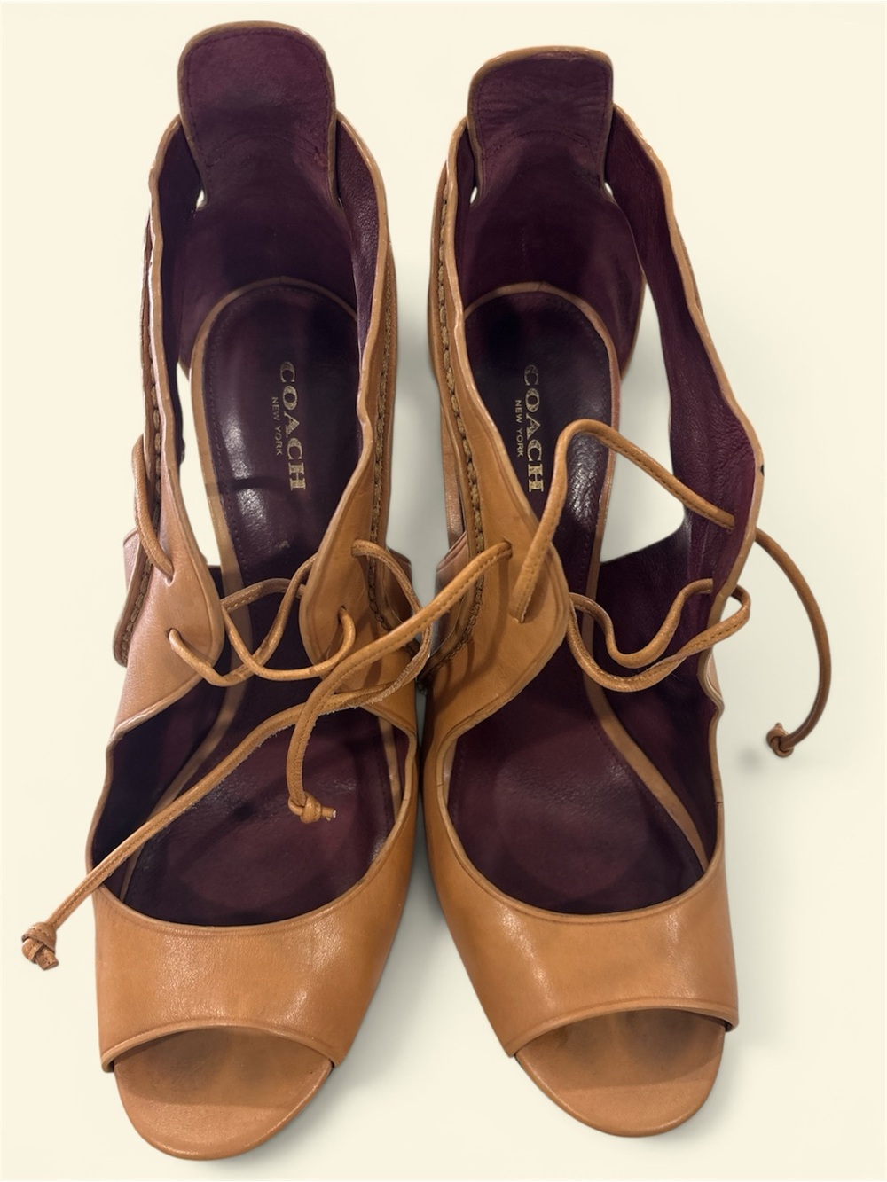 VINTAGE Y2K COACH Lace-Up Leather Heels. Size 9.5 B. Rare Camel Brown Burgundy
